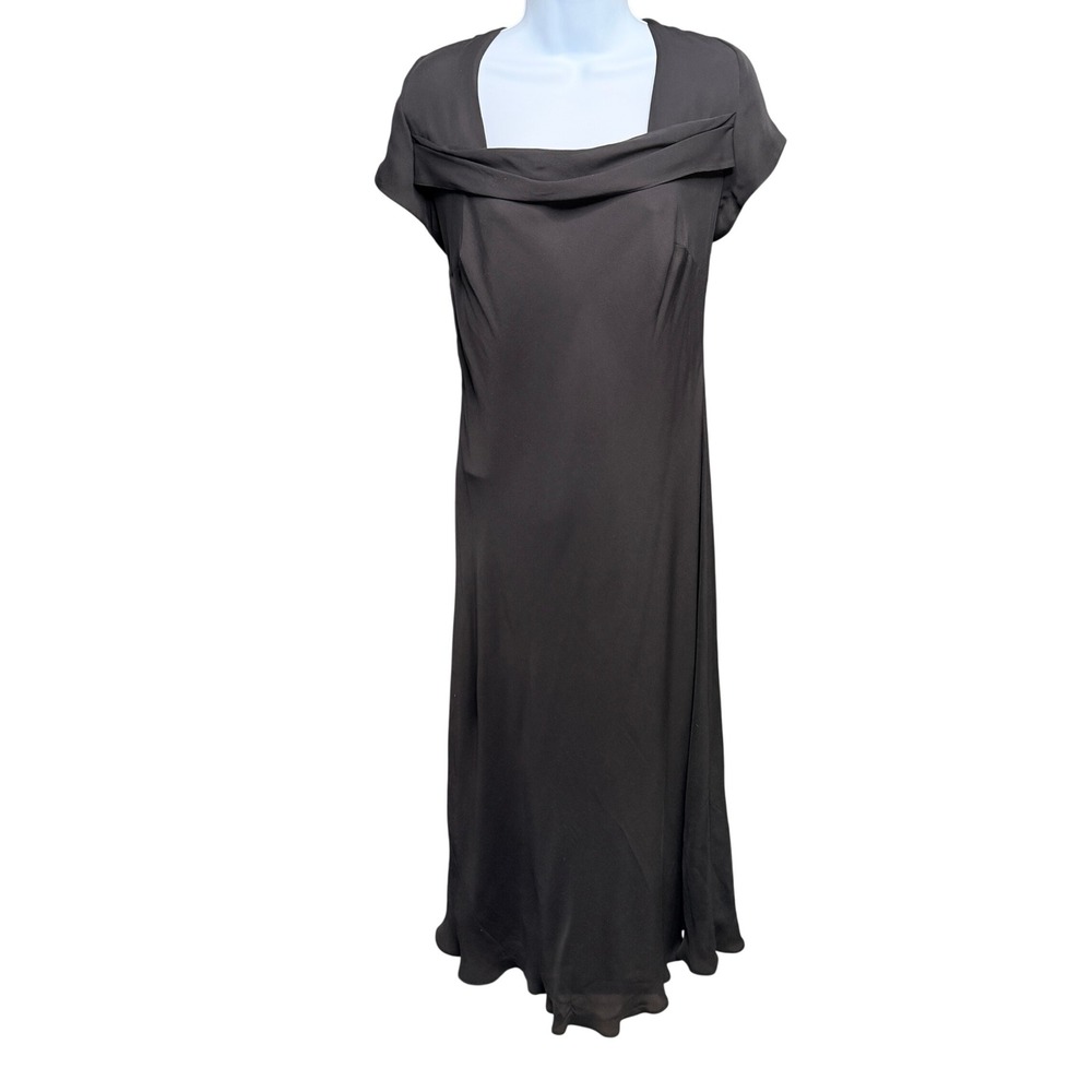 Vtg Talbots Dress Sz 14 100% Silk Black Midi Square Neck Draped Cap Sleeve Lined